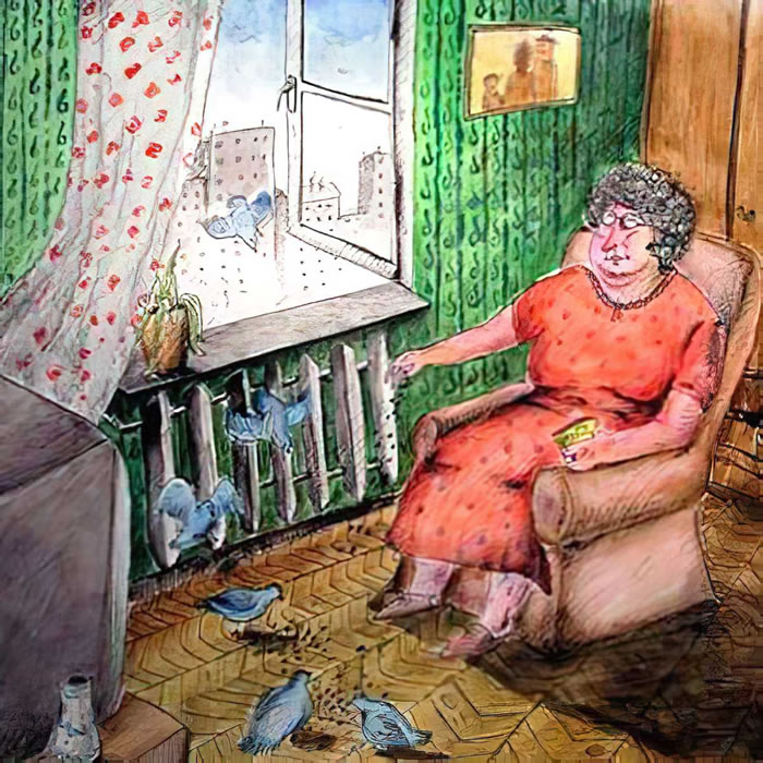 Старые тетки рассказ. Комната старушки. Старушка карикатура. Ленивая бабушка. Одинокая бабушка.